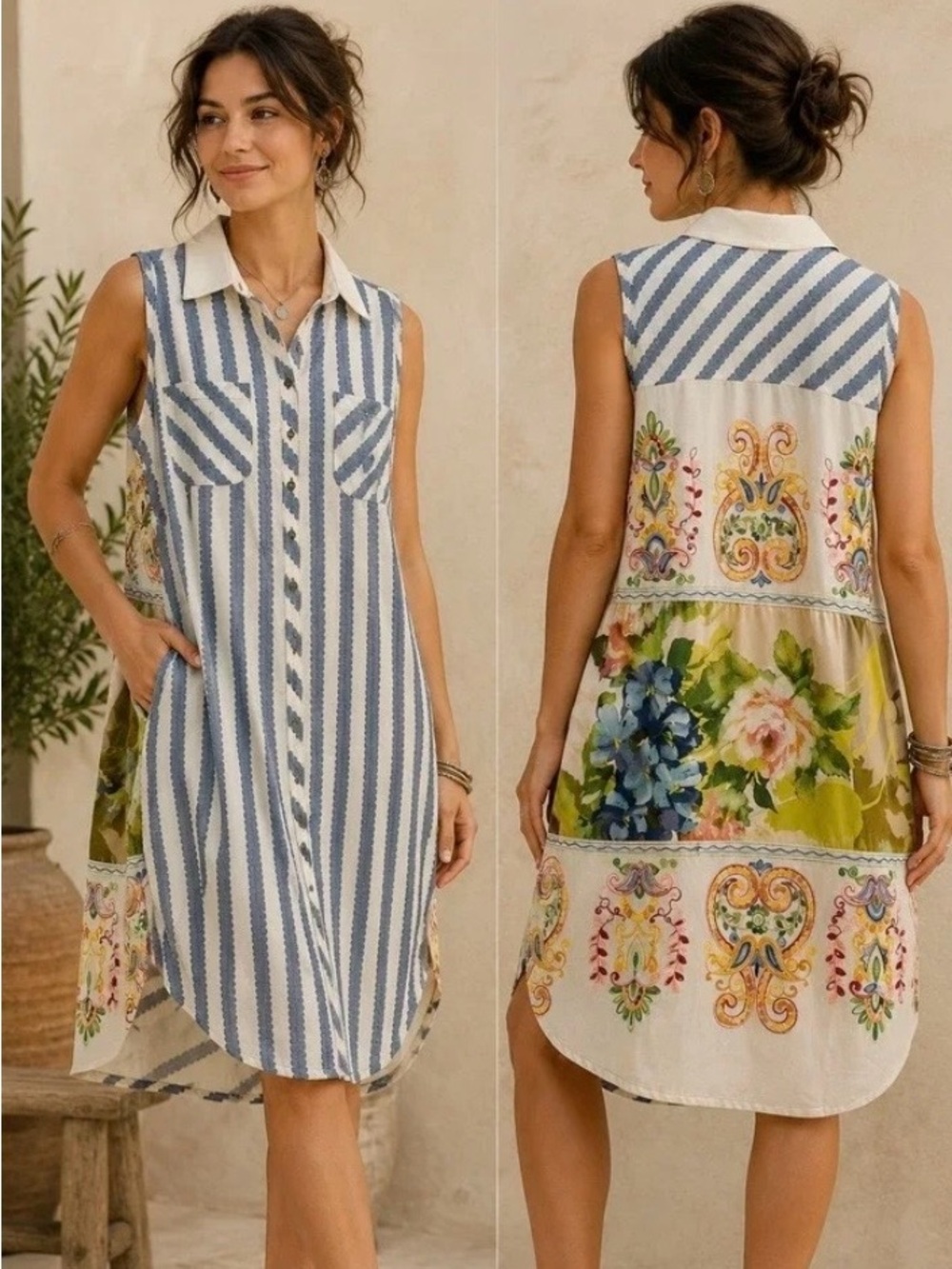 NWT Cyrena L Linen Blend Embroidered Floral Stripe Button Front Tunic Dress Boho